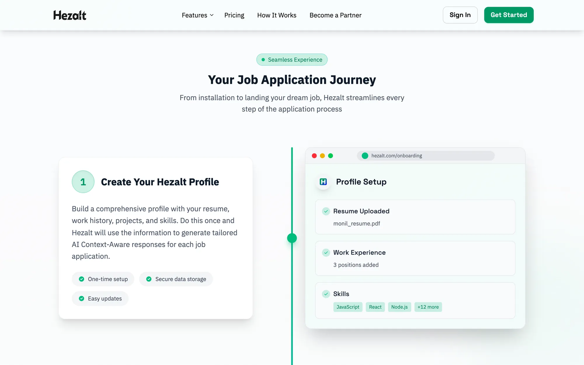 Hezalt onboarding: a profile built from an uploaded resume, work experience and skills.