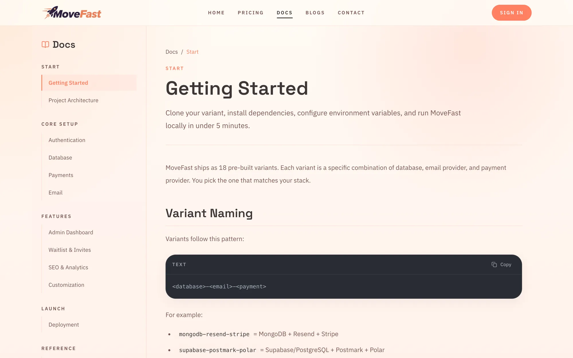 Movefast docs, Getting Started: 18 pre-built variants named database, email provider and payment provider.