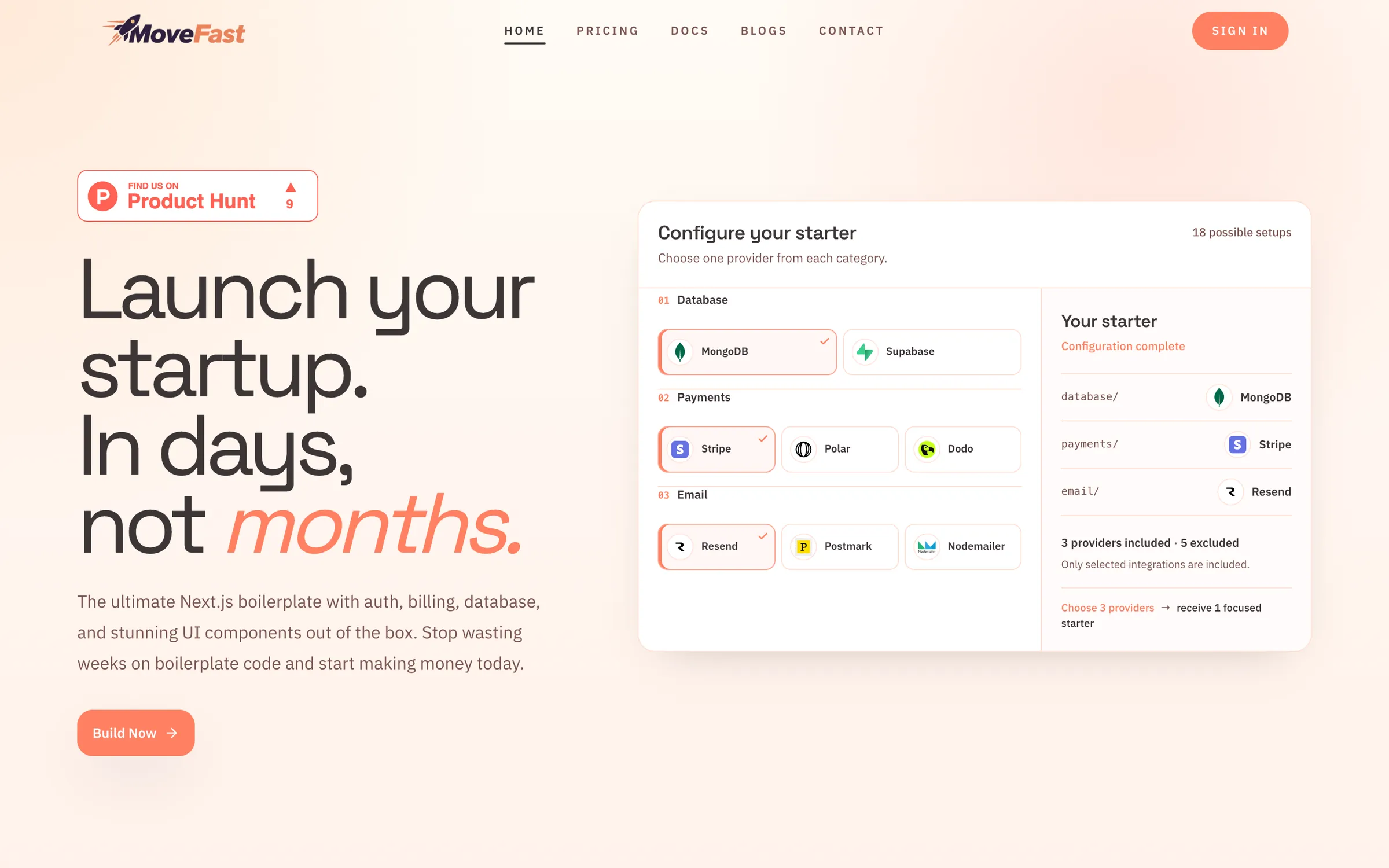 Movefast case study: Movefast homepage with the starter configurator: database, payments and email choices.