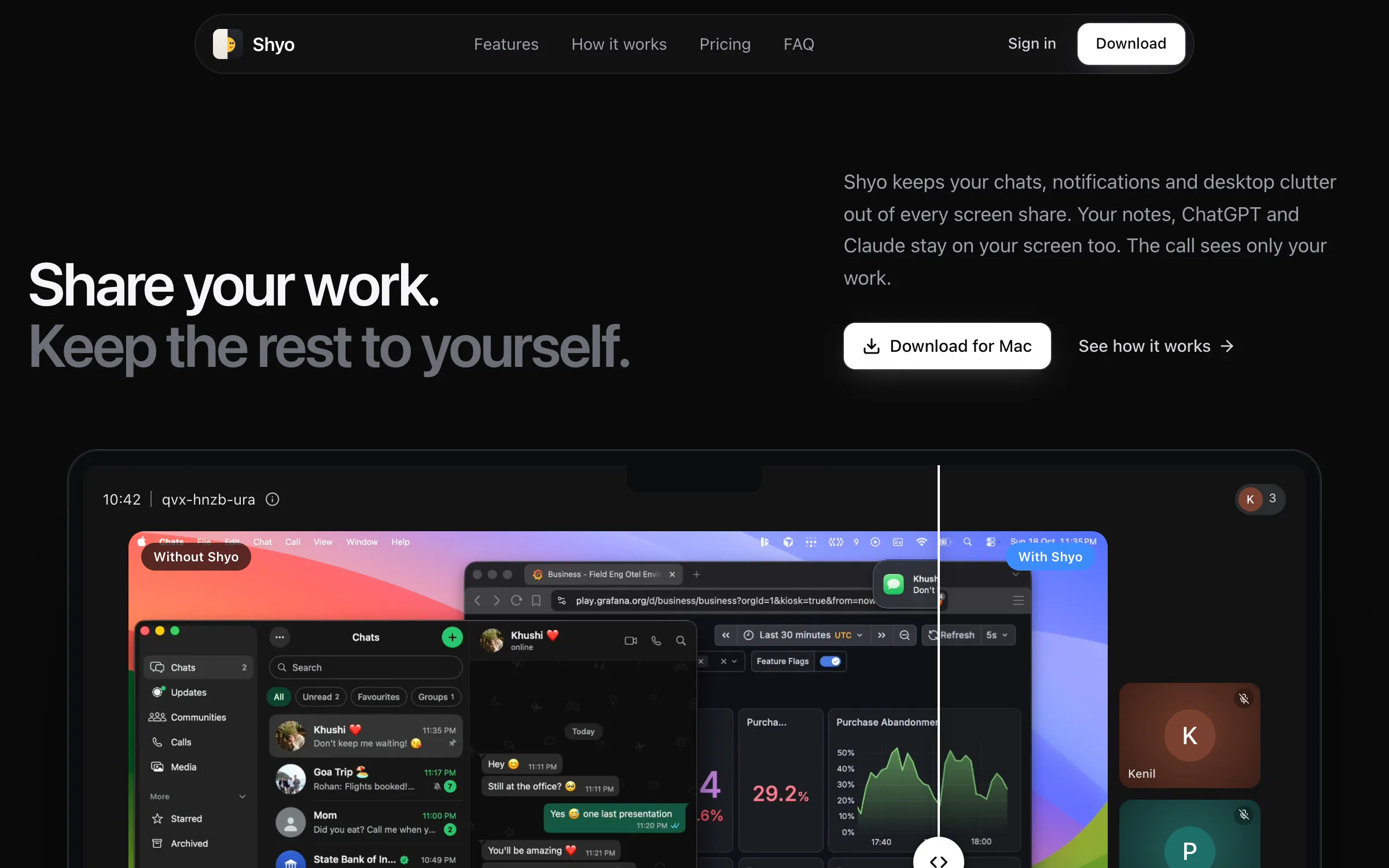 Shyo case study: Shyo homepage: "Share your work. Keep the rest to yourself." above a recorded call, without Shyo and with it.