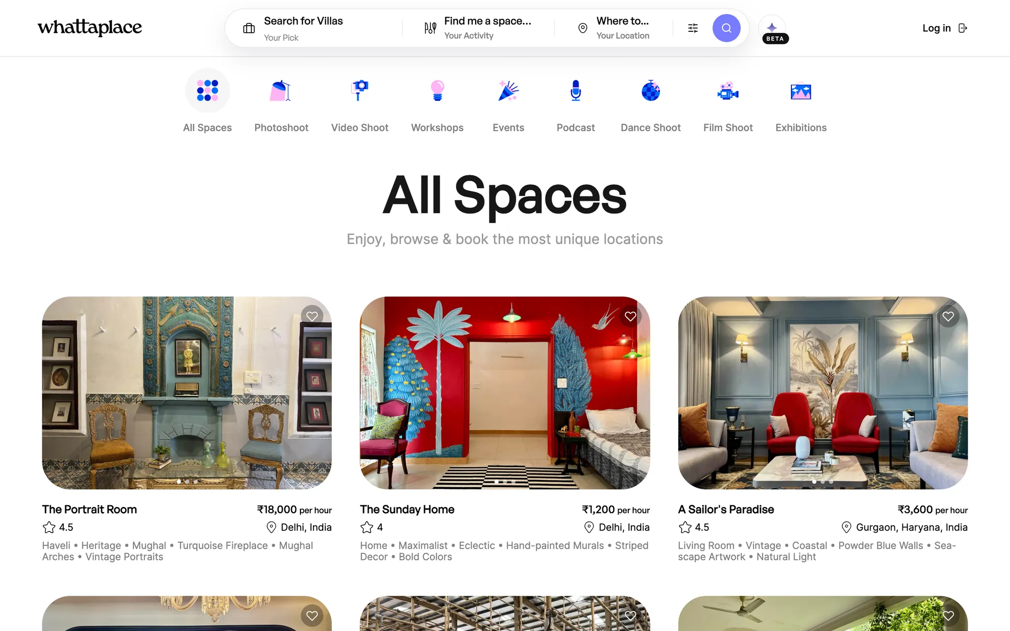 Whattaplace "All Spaces" page: activity filters above a grid of spaces with hourly prices and ratings.